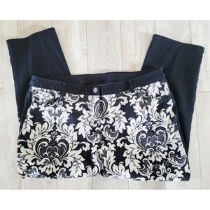 Chico's Ankle Pants‎ Damask Print Cropped Black White Pockets Stretch Size 3 XL